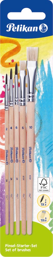 Pelikan penselenset , blister van 5 stuks, S613F in nr 6 en 10 en S24 in nr 2, 4 en 6 8 stuks, OfficeTown