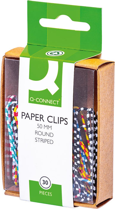 Q-CONNECT papierklemmen, 50 mm, doos van 30 stuks, gestreept in wit en diverse kleuren met geplastificeerd metaal