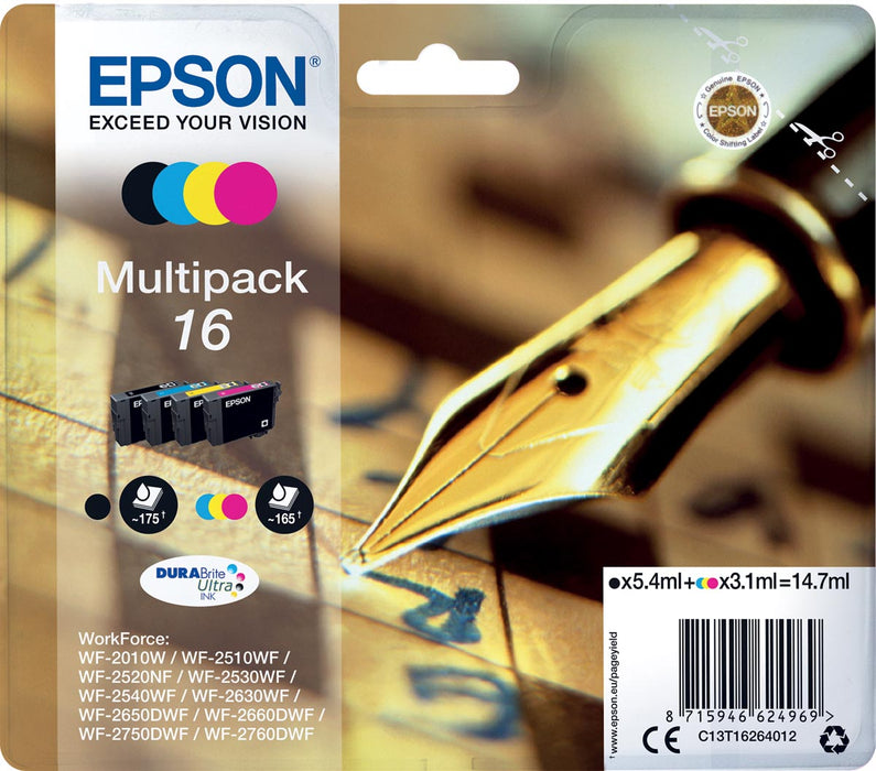 Epson inktcartridge 16, 165-175 pagina's, OEM C13T16264012, 4 kleuren suited voor Epson WF 2010/2660/2750