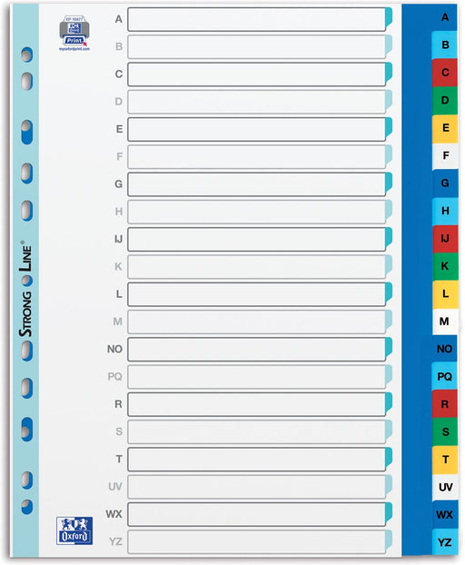 OXFORD tabbladen, formaat A4 maxi (voor showtassen), uit PP, 11-gaatsperforatie, gekleurde tabs,  set A-Z 25 stuks, OfficeTown