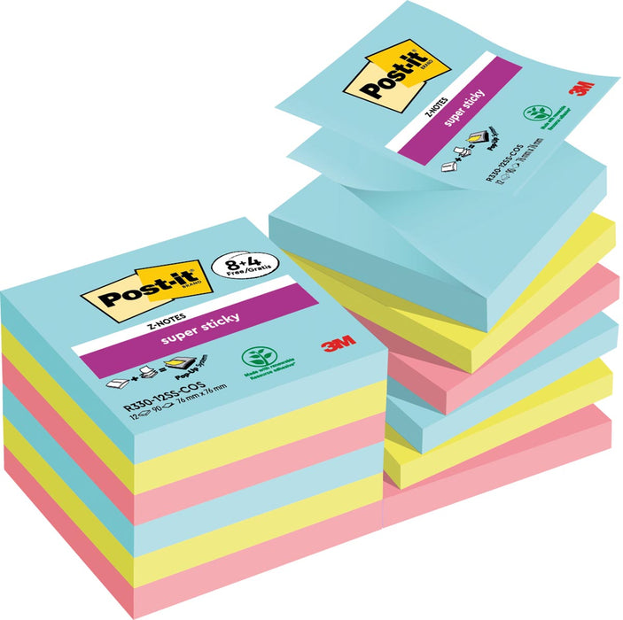 Post-it Super Sticky Z-notes Cosmic, 90 vel, ft 76 x 76 mm, 8 + 4 GRATIS 12 stuks