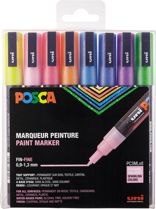 Posca verfstift PC-3M, set van 8 markers, glitter, assorti - Titel van het product
