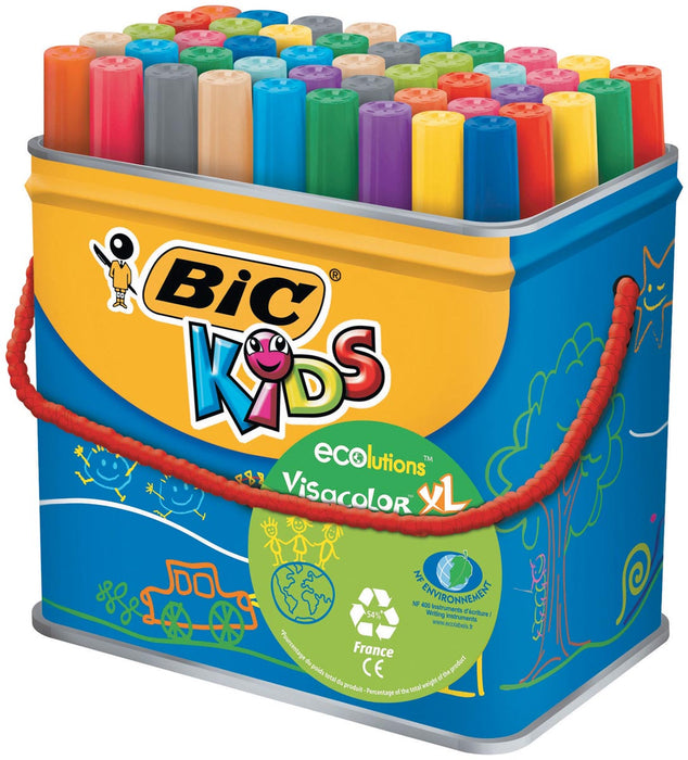 Bic Kids Viltstiften Visacolor XL Ecolutions 48 stiften in een metalen doos met Uitwasbare Inkt