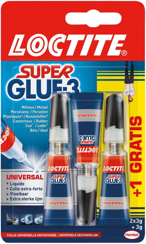 Loctite secondelijm Super Glue Universal, 2 + 1 gratis, op blister 12 stuks, OfficeTown
