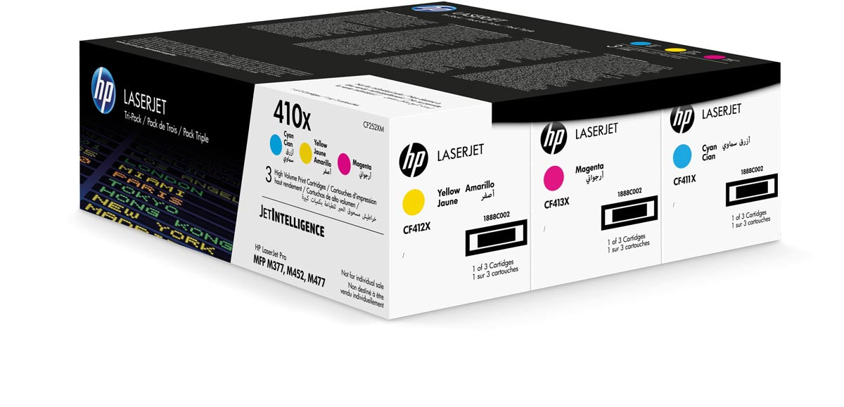 HP toner 410X, 5.000 pagina's, OEM CF252XM, cyaan, magenta en geel - Geschikt voor HP LaserJet Pro M377, HP LaserJet Pro M452, HP LaserJet Pro M477 hoge capaciteit: 5.000 pagina's, pak van 3 toners: cyaan, magenta en geel