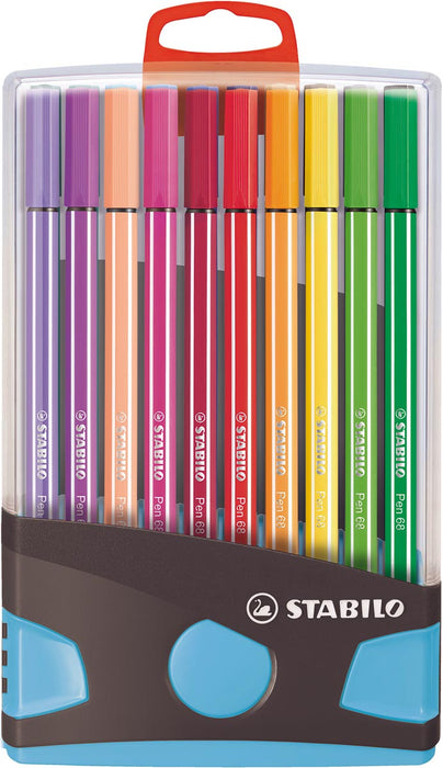 STABILO Pen 68 brush, ColorParade, blauw-grijze doos, 20 stuks in geassorteerde kleuren