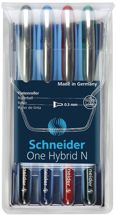 Schneider Roller One Hybrid N, 0,3 mm lijndikte, etui van 4 stuks in geassorteerde kleuren