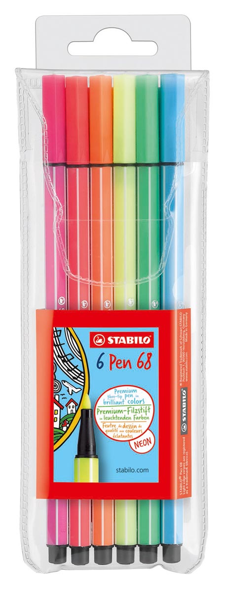STABILO Pen 68 Neon, etui van 6 stiften in geassorteerde kleuren 10 stuks, OfficeTown