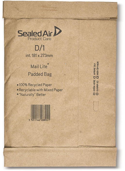 Mail Lite Gewatteerde Tas enveloppen, bruin, D/1, 181 x 273 mm, doos van 100 stuks