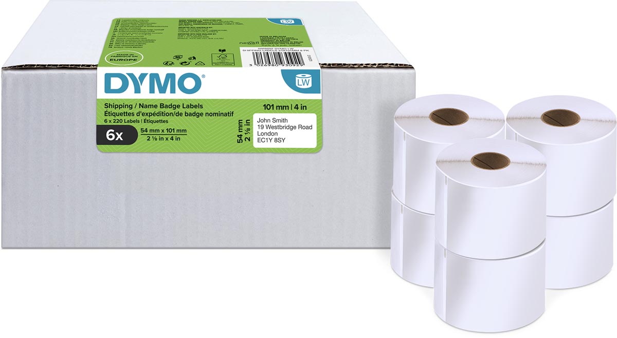 Dymo Waardepack: etiketten LabelWriter ft 101 x 54 mm, wit, doos van 6 x 220 etiketten