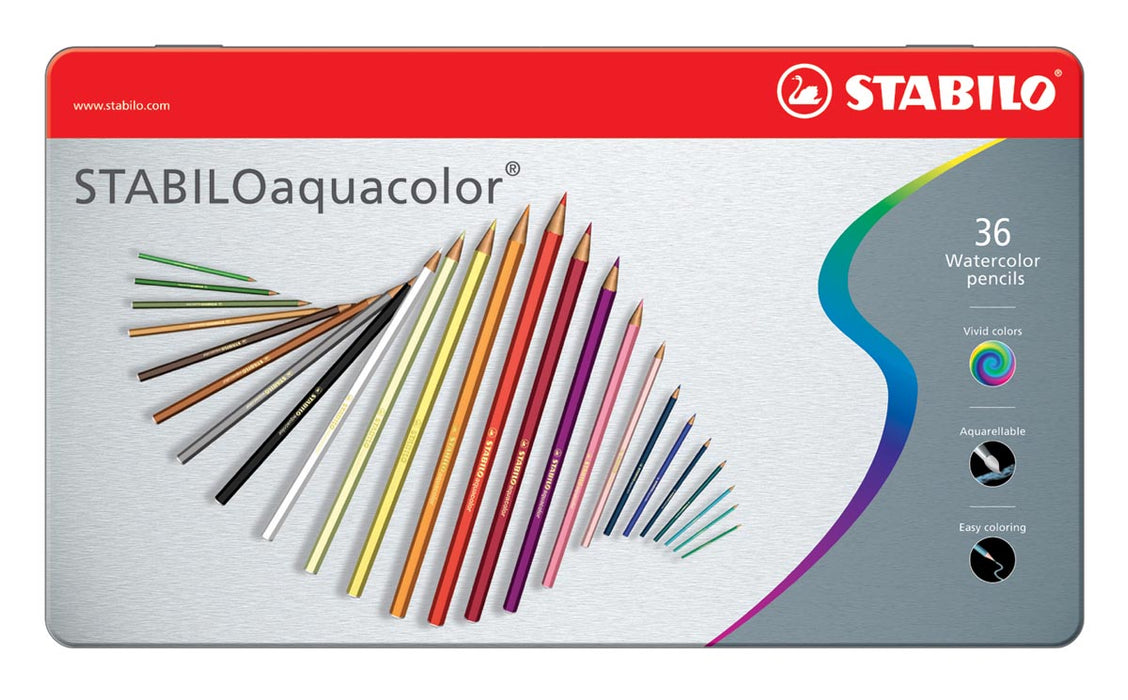 STABILOaquacolor kleurpotlood, 36 stuks in verschillende kleuren, verpakt in een metalen doos