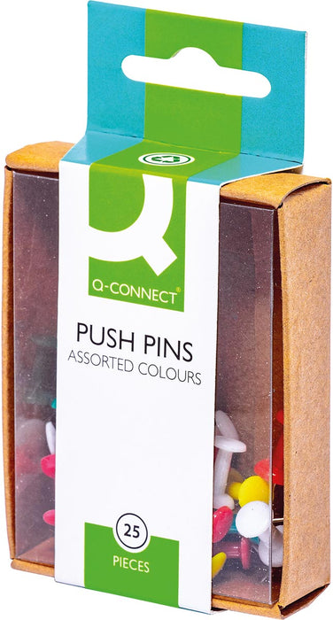 Q-CONNECT prikbordspelden, 25 stuks in ophangdoosje met gevarieerde kleuren.