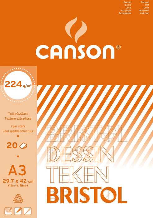 Canson tekenblok Bristol, 20 vellen, 224 g/m², ft 29,7 x 42 cm (A3)