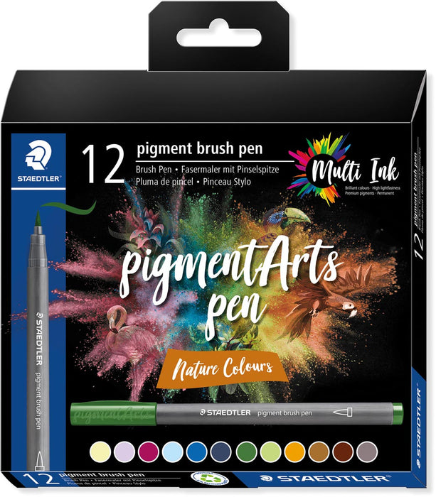 Staedtler Pigment Arts brush pen, etui met 12 kleuren, Natuurkleuren 10 stuks