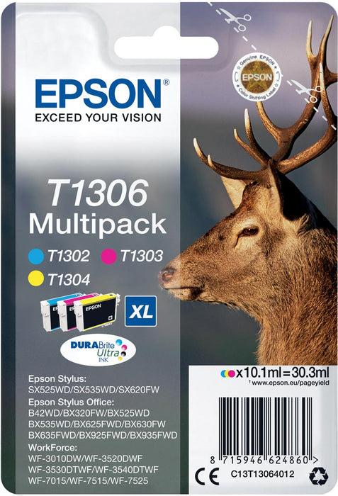 Epson inktcartridge T1306, 600-1.005 pagina's, OEM C13T13064012, 3 kleuren 4 stuks
