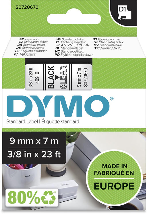 Dymo D1 tape 9 mm, zwart op transparant 5 stuks, OfficeTown