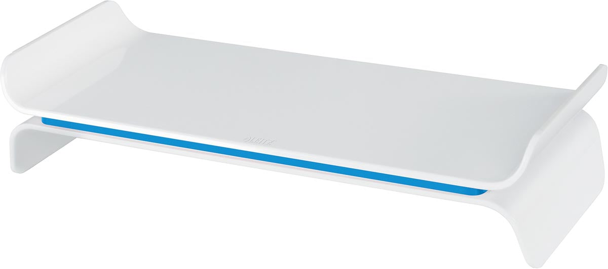 Leitz Ergo WOW Verstelbare Monitorstandaard, wit-blauw met Toetsenbordopbergruimte