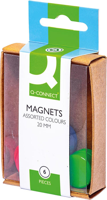 Magneetjes van Q-CONNECT, 20 mm, assortiment van 6 stuks in doos met gevarieerde kleuren