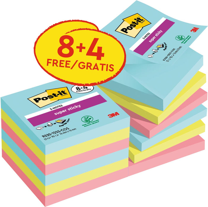 Post-it Super Sticky Z-notes Cosmic, 90 vel, ft 76 x 76 mm, 8 + 4 GRATIS 12 stuks