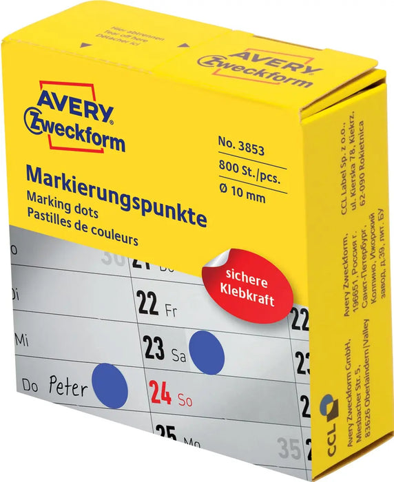 Avery Markeringstippen, diameter 10 mm, rol van 800 stuks, blauw