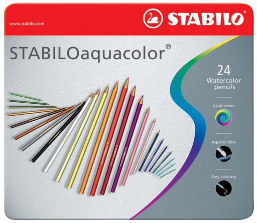 STABILOaquacolor kleurpotlood, metalen doos van 24 stuks in geassorteerde kleuren 5 stuks, OfficeTown