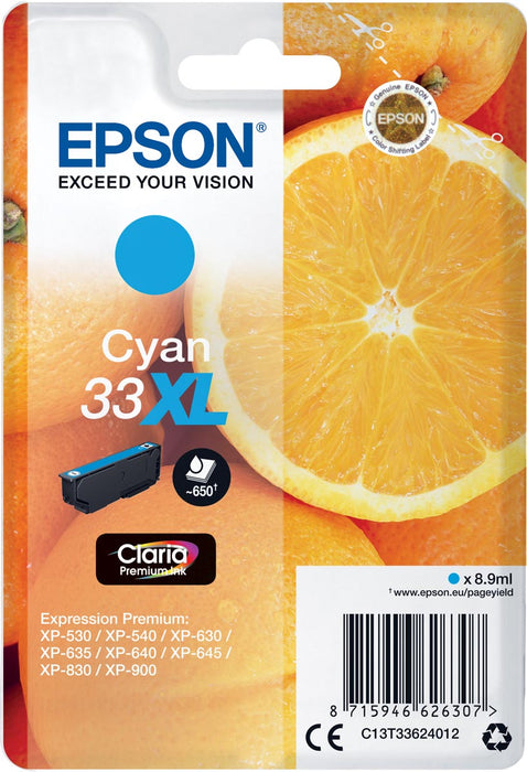 Epson inktcartridge 33XL, 650 pagina's, OEM C13T33624012, cyaan - Geschikt voor Epson XP 530