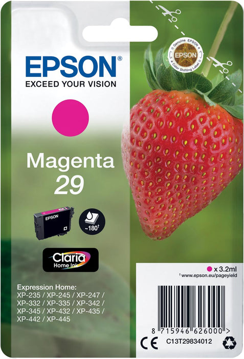 Epson inktcartridge 29, 180 pagina's, OEM C13T29834012, magenta 10 stuks geschikt voor XP/235/332/335/432/435