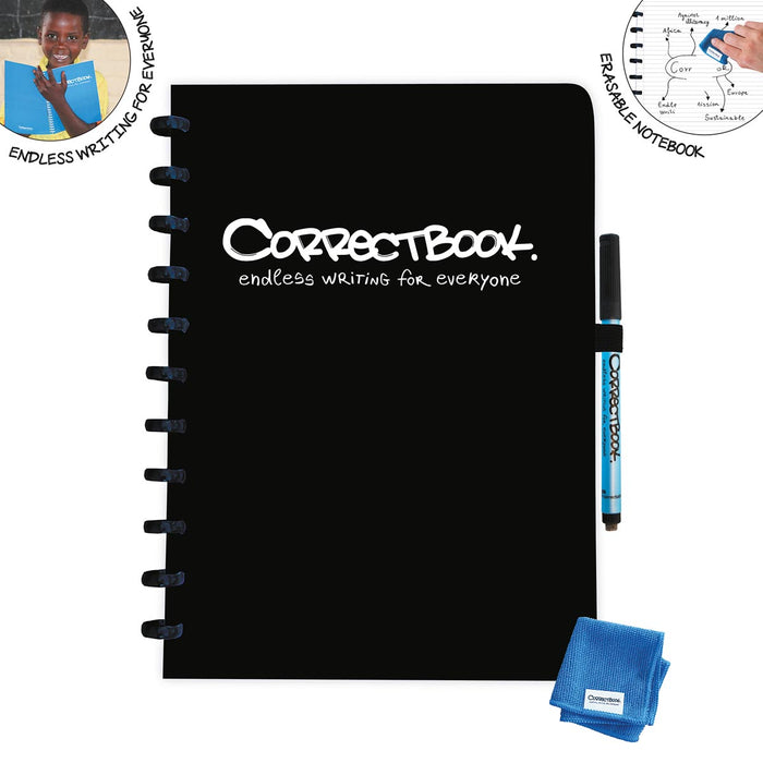 Correctbook A4 Origineel: uitwisbaar / herbruikbaar notitieboek, gelinieerd, inktzwart (zwart)