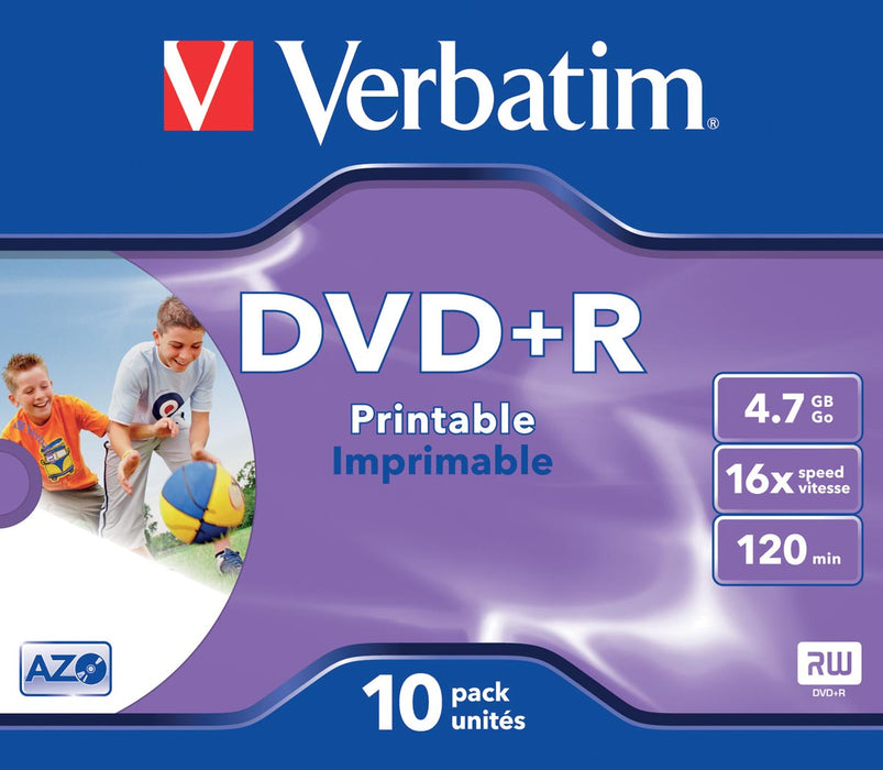Verbatim DVD+R, printbare recordable DVD, 10 stuks in een doos met individuele verpakking (Jewel Case)