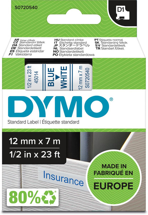 Dymo D1 tape 12 mm, blauw op wit 5 stuks, OfficeTown