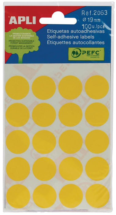 Apli ronde stickers in doosje diameter 19 mm, geel, 100 stuks, 20 per vel (2063)
