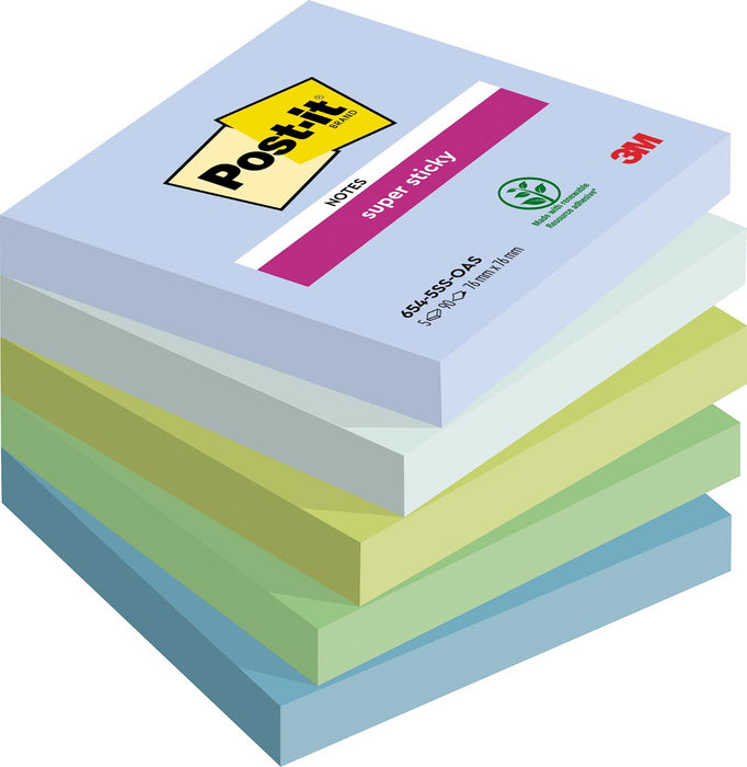 Post-it Super Sticky notes Oasis, 90 vel, ft 76 x 76 mm, geassorteerde kleuren, pak van 5 blokken 12 stuks, OfficeTown