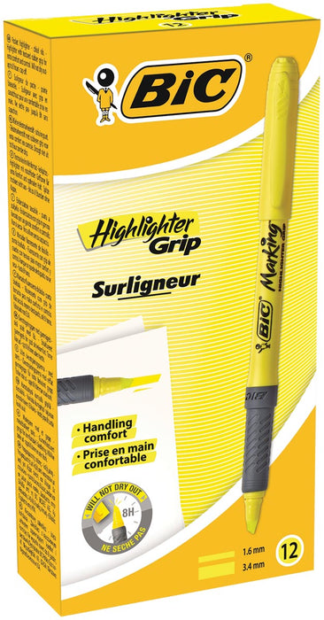 Bic markeerstift Highlighter Grip, geel, 12 stuks in een doos