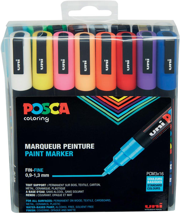 Posca verfstift PC-3M, set van 16 stuks in verschillende kleuren met etui