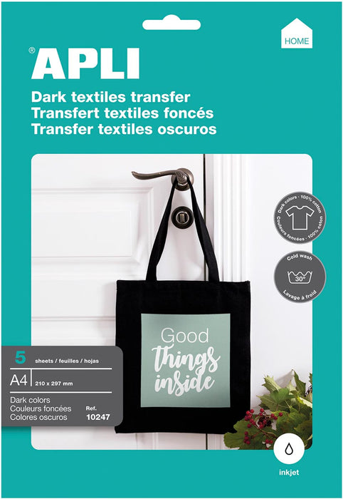 Apli T-shirt Transfer Papier voor Donker of Zwart Textiel, 5 Vel Pack