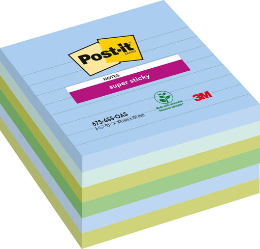 Post-it Super Sticky notes XL Oasis, 90 vel, ft 101 x 101 mm, gelijnd, geassorteerde kleuren, pak van 6 b 12 stuks, OfficeTown