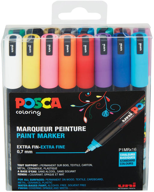 Uni-ball Paint Marker op waterbasis Posca PC-1MR, doos van 16 stuks in geassorteerde kleuren 12 stuks, OfficeTown