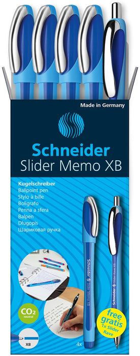 Schneider balpen Slider Memo XB blauw, 4 stuks + 1 Rave GRATIS worden Schneider balpen Slider Memo XB blauw met 4 stuks + 1 Rave GRATIS