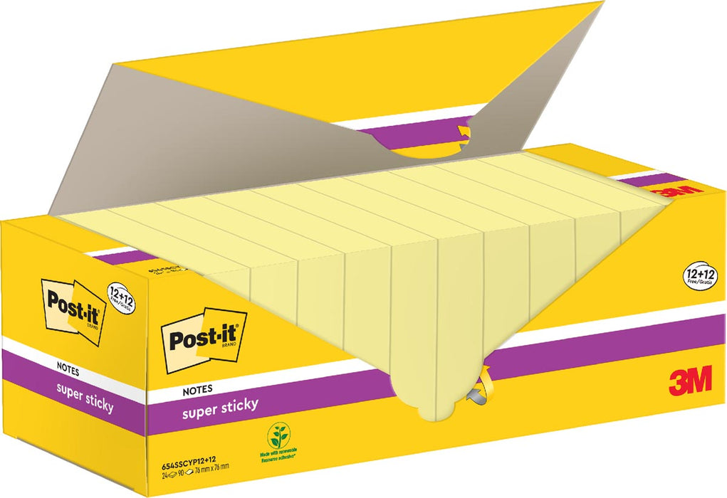 Post-it super Sticky notes, 90 vel, ft 76 x 76 mm, geel, pak van 12 blokken + 12 gratis 6 stuks, OfficeTown