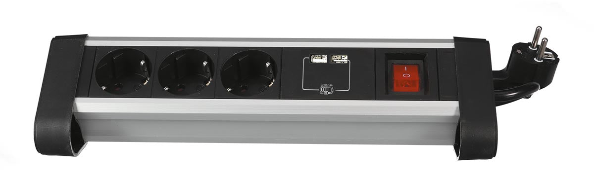 Perel bureaublad contactdoos met 3 stopcontacten, 2 USB-poorten en schakelaar, zwart, voor België