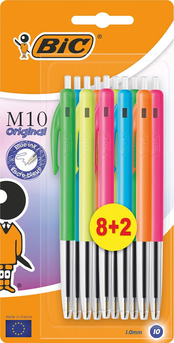 Bic balpen M10 Clic Colors, medium punt 0,4 mm, 8+2 gratis op blister