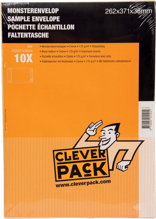 Cleverpack monsterenveloppen, ft 262 x 371 x 38 mm, met stripsluiting, crème, pak van 10 stuks 12 stuks, OfficeTown