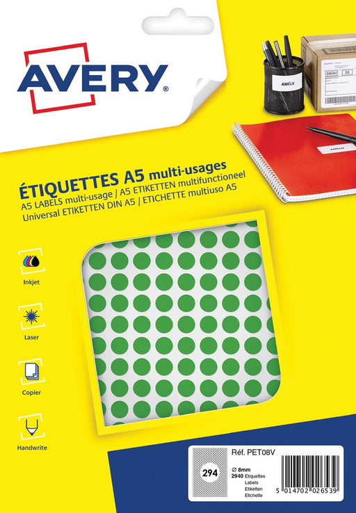 Avery PET08V ronde markeringsetiketten, diameter 8 mm, blister van 2940 stuks, groen 5 stuks, OfficeTown