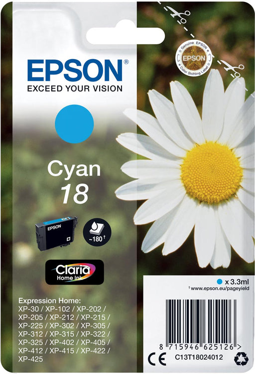 Epson inktcartridge 18, 180 pagina's, OEM C13T18024012, cyaan 10 stuks, OfficeTown
