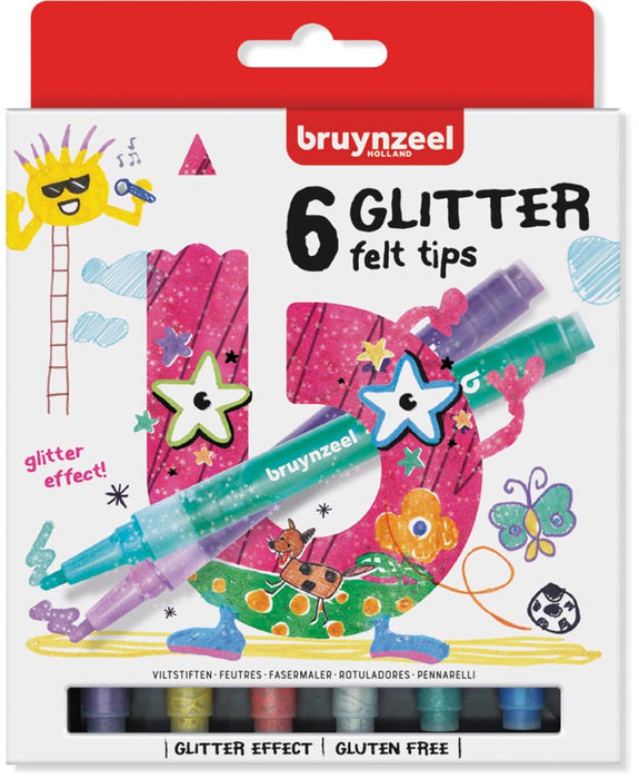 Bruynzeel Kids Glitter Viltstiften, 6 stuks in diverse kleuren met speciale effecten