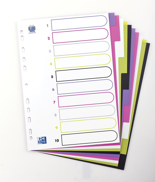 OXFORD MyColour tabbladen A4 formaat, gemaakt van gekleurd PP, 11-gaatsperforatie, 10 tabs