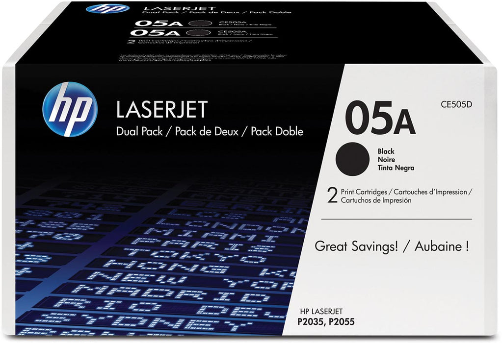HP toner 05A, 2 300 pagina's, OEM CE505D, zwart, duopack Geschikt voor: HP LaserJet P2035, HP LaserJet P2055d en HP LaserJet P2055dn