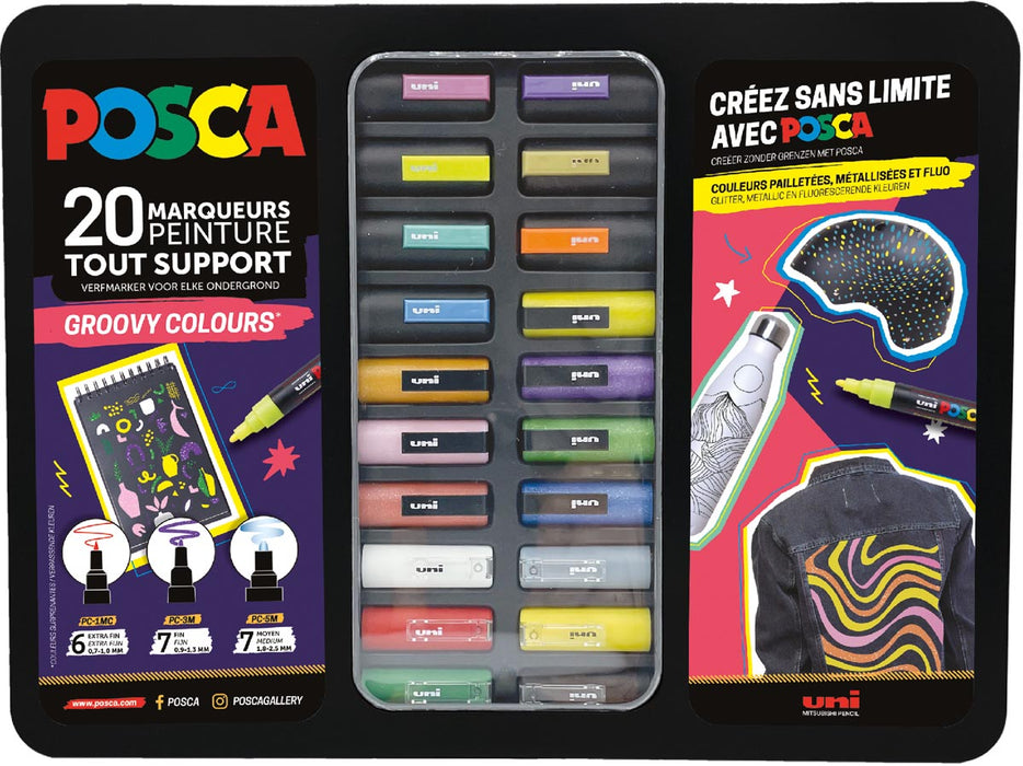 Posca verfmarkers, metalen doos van 20 stuks, gevarieerd, ontwerp Groovy Colours