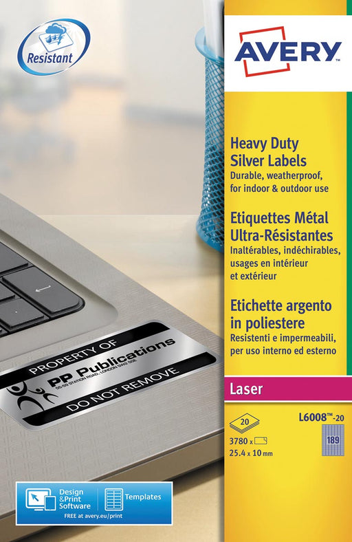 Avery ultra-sterke zilverkleurige etiketten ft 24,5 x 10 mm (b x h), 3.780 stuks, 189 per blad 5 stuks, OfficeTown