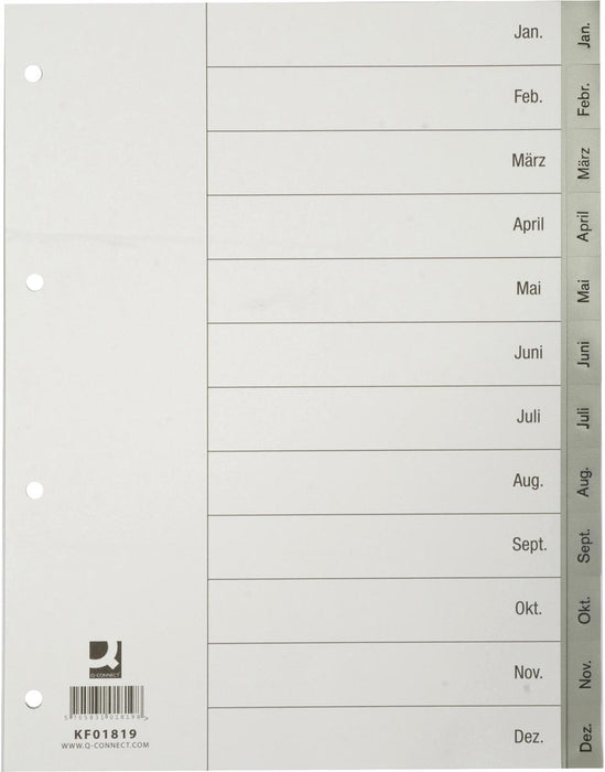 Q-CONNECT maandelijkse tabbladen, A4, PP, met indexblad, grijs 25 stuks